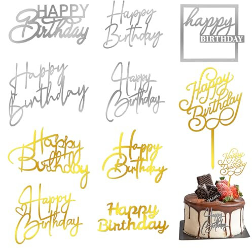 10 Pcs Happy Birthday Cake Toppers Gold and Silver Mirror Acrylic Cake Toppers 10 Unique Happy Birthday Side Topper Styles for Decorations and Party Desserts