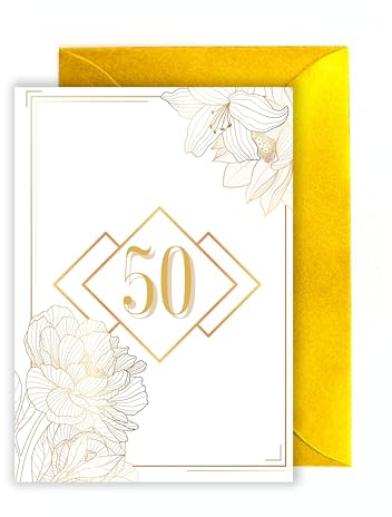 WBdesignz Edle Geburtstagskarte 50 Jahre mit Umschlag – Glückwunschkarte zum runden Geburtstag mit Blumen & Gold-Design – stilvoll & hochwertig für Jubiläum (DIN A6)