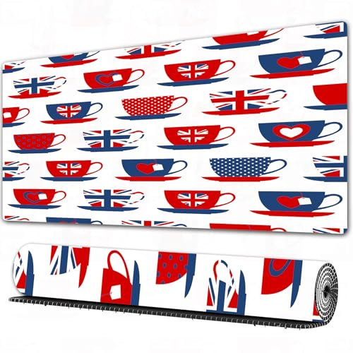 FEHWI Mauspad 80×30 cm Verlängertes großes Mauspad Schreibtischauflage,Tea Party, Teetassenformen mit britischem Motiv, Gemustert mit Union Jack u,genähte Kanten Gaming Mauspad,rutschfeste Gummibasis