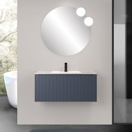 Inbagno Mobile Bagno Sospeso 100 cm Blu Notte Cannettato con Cassetto, Specchio e Lavabo Nara Integrato Design Moderno Salvaspazio