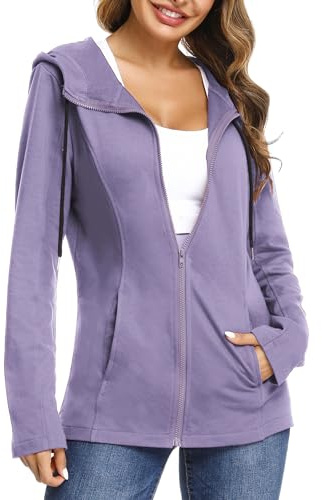 Aottori Felpa Donna con Cappuccio e Zip Giacca Sportiva Manica Lunga Hoodie Cotone Leggero Sweatshirt Aperto con Tasche Felpe Casual Classico Primavera Autunno Viola S