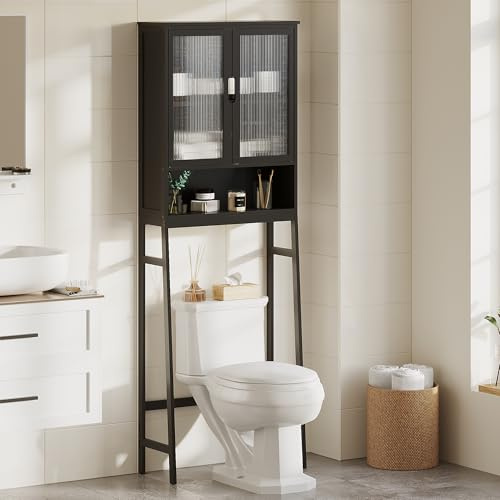 BAMBANG Over The Toilet Storage Cabinet, Bamboo Bathroom Over Toilet Storage Organizer with Adjustable Shelves and Double Doors, Above Toilet Storage Cabinet, Black