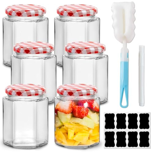6 Pack Glass Jam Jars with Lids 280ml – Hexagonal Glass Jars with Red Gingham Lids, Labels, Brush & Chalk Pen – Airtight Storage Jars for Jam, Honey, Pickles, Herbs, Candles & Homemade Preserves