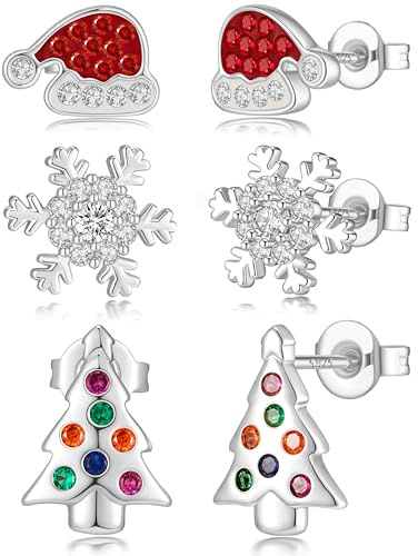 MACACHII 3 Paar Ohrringe Weihnachten Mädchen Silber 925 Weihnachtsohrringe Damen, Schneeflocke Tannenbaum Weihnachtsmütze Ohrstecker Set, Nickelfrei Hypoallergen Winter Weihnachtsschmuck für Kinder