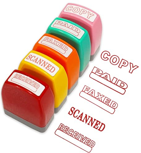 5 Pcs Office Stamp Set with Storage Tray, Self Inking Business Stamps for Paid Copy Scanned Faxed Received, for Documents Paperwork Coworkers Colleague Work Supplies