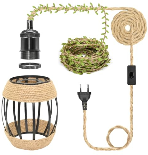 ZRLXFM Hanfseil Pendellampe Kit, E27 Lampenfassung mit Schalter und Stecker, Schwarzes, tonnenförmiges Pendelleuchten-Set mit 5M Kable Geeignet für moderne einer 5M langen grünen Blattdekoration