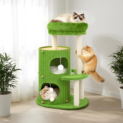 Luxus kratztonne für Katzen - Katzenbaum mit Katzenschlafhaus, Sisalbrett,abnehmbarem Bett & Spielball | Stabiles Katzenmöbel für Mehrkatzenhaushalte | Kletterbaum Aktivitätsbaum