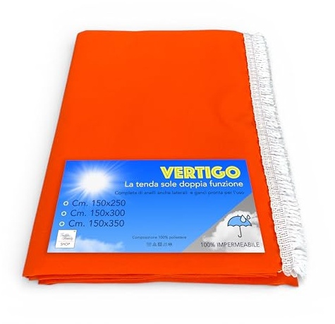 Tenda da Sole Vertigo Tex Family Arancio Unito 100% Poliestere Impermeabile Idrorepellente Tinto Filo Occhielli Acciaio Frangia - Cm. 150x300