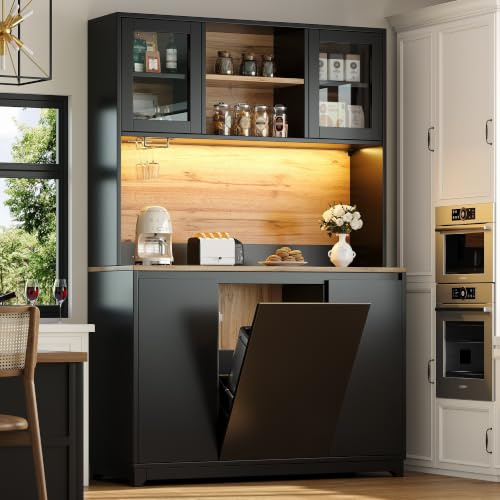 Qsddk Küchenschrank mit Mülleimer Schrank und LED-Beleuchtung, Schwarz | Für Küchen, Buffetschrank, Mit Klappbarer Arbeitsplatte, Küchenbuffet, Küchenschränke, Sideboards, 180 cm Hohe