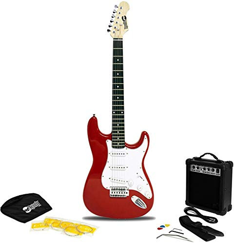 RockJam Kit completo per chitarra elettrica con amplificatore per chitarra da 10 Watt, lezioni, tracolla, custodia, plettri, Whammy, piombo e corde di ricambio, rosso