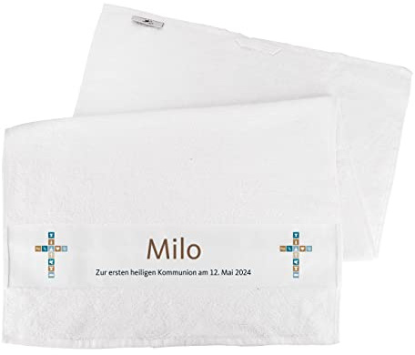 Striefchen® Handtuch (Weiß, 50x100) für Kinder mit Aufdruck des Namens J Kommunion/Konfirmation/Taufe