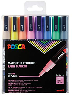 POSCA Mitsubishi Pencil PC3M – 8 rotuladores – Punta cónica fina – pintura a base de agua – para cualquier soporte – Para papel, textil, vidrio, guijarro, madera – Colores pastel