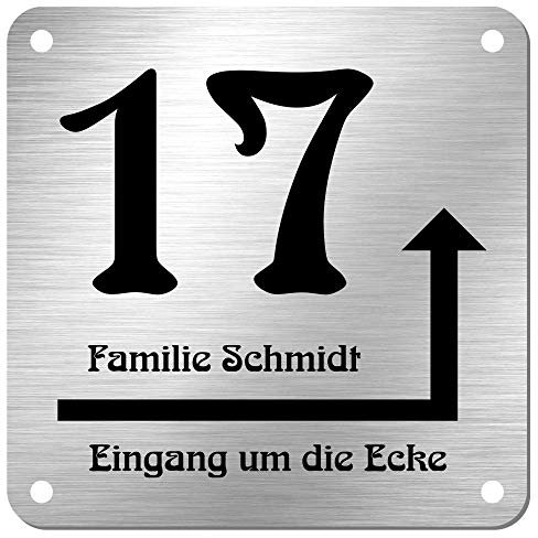 Edelstahl Hausnummer Namensschild Hinweisschild mit Pfeil und individueller Laser-Gravur * Modell 17 Eingang um die Ecke (200 mm x 200 mm)