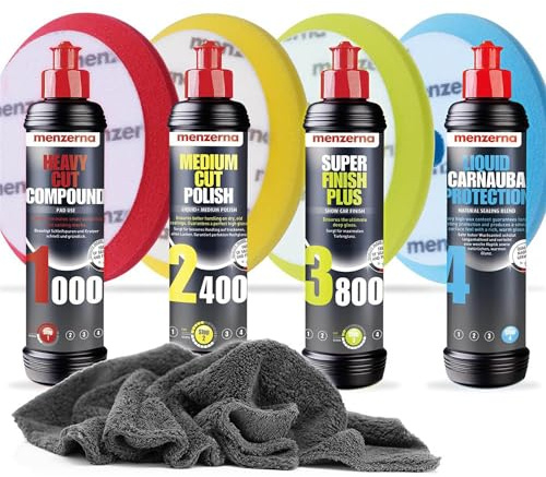 Detailmate Auto Politur Set - Menzerna Autopolitur - Super Heavy Cut Compund HC1000 + Medium Cut 2400 + Super Finish Plus SFP3800 + Liquid Carnauba Wachs + 4 passende Menzerna Pads + Poliertuch