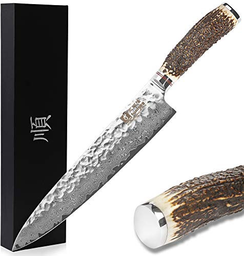 Sunlong Cuchillo de Chef Damascus Pro de 10 Pulgadas con Mango de asta Natural japonés VG10 Martillado