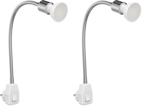 ledscom.de 2x Steckdosenlampe LESCH Leselampe Schwanenhals, Schalter, Chrom inkl. GU10 LED Lampe 6,74W 630lm 100° weiß