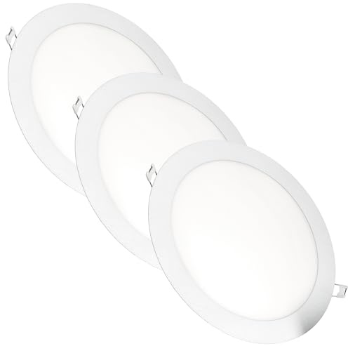 JANDEI – Confezione da 3 faretti LED da incasso rotondi, 18W, 1500 lumen, extrapiatti 13 mm, foro di montaggio Ø200-205 mm, bianco caldo 3000K con trasformatori inclusi