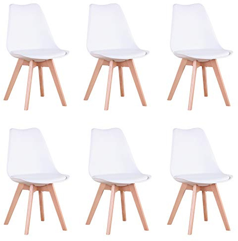 GrandCA HOME Pack de 6 Sillas de Comedor, Silla de Cocina Nórdica, Patas de Madera de Haya, Asiento Tapizado, Sillas Escandinavia para Salón,Blanco