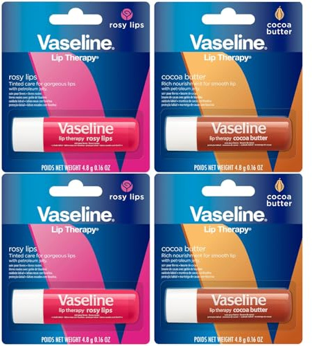 Vaseline Lip Therapy Variety 4-Pack – Rosy Lips + Cocoa Butter Moisturizing Lip Balm with Vitamin E, 0.16 Oz Ea