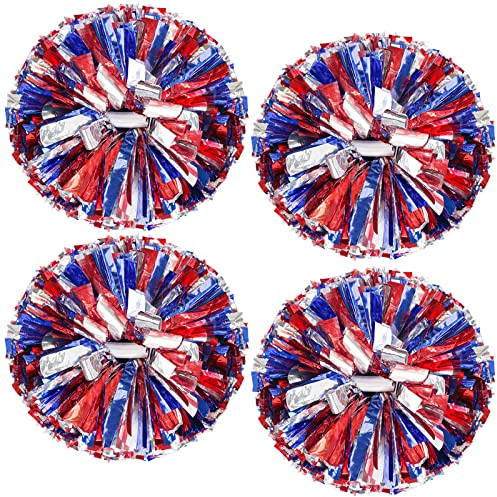 4Pcs Upgraded 12inch Metallic Cheerleading Pom Poms, HOLENGS Cheerleader Pompoms Cheer Poms for Kids Adults, Cheering Squad Pompoms for School Sports Games Dance Party (Blue and Red and Sliver)