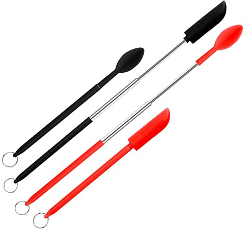 Silikon Teleskopspatel und Löffel, 2 Stück Mini Spatel Küche 2 Stück Teleskoplöffel Einziehbar Mini Schaber Silikon Spatel Set für Küche Schmale Flasche Dose Kosmetik (Schwarz, Rot)