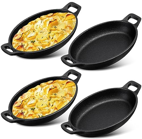 Mifoci 4 Pcs Oval Serving Dish Mini Cast Iron Skillet Cast Iron Baking Pan Sizzling Plate Matte Black Gratin Cookware for Home Restaurant Kitchen Food Service Barbecue (7.1 X 4.7)