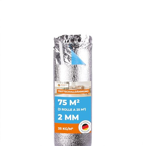 Trittschalldämmung 2mm mit Dampfsperre 75 m² Premium Silver Plus - 3 Rollen - sehr gute Schalldämmung und Wärmedämmung - Fußbodenheizung geeignet für Laminat und Parkett, Raumgewicht 35 kg/m³