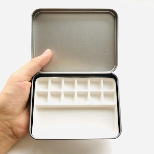 Bower Bird Travel Watercolor Palette, Portable Ceramic 12 Well Metal Paint Box with Porcelain Palette