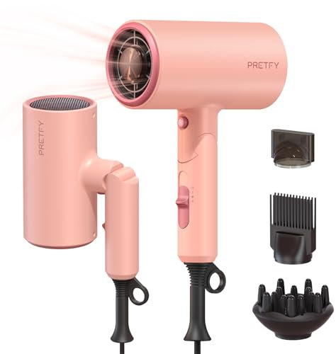 Pretfy Föhn Ionen Haartrockner,2000W Profi Fön Klappbar Haarföhn,Reise Föhn mit 3 Hitze-Einstellungen,Kaltlufttaste,mit Diffusor,Bürste, Spitze (Rosa)