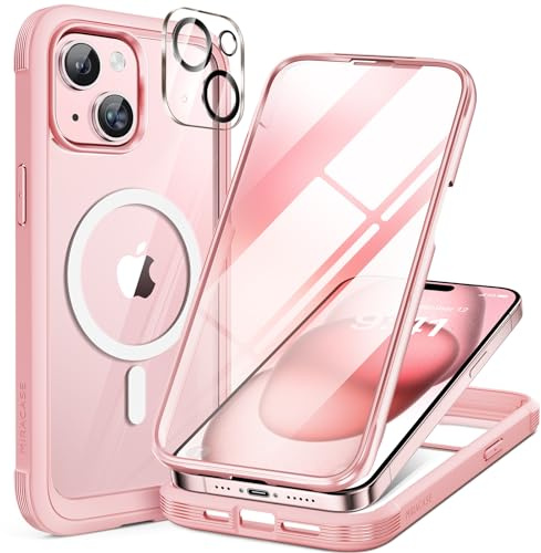 miracase 360° Schutz Hülle für iPhone 15, Magsafe, Hellrosa | Eingebaute 9H Panzerglas Schutzfolie | Komplettschutz | Stoßfest | Kameraschutz | Geeignet für Outdoor | 6,1 Zoll