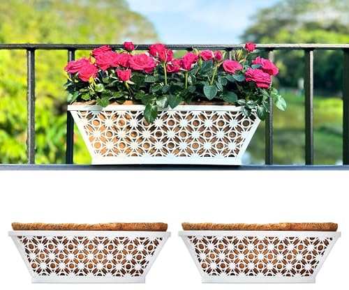 LaLaGreen Blumenkästen für Outdoor-Pflanzen (2 Stück, 40,6 cm) weißes Metall, rechteckiger Wand-Pflanzgefäß mit Kokosfutter, Pferdetrog, Deck, Geländer, Bauernhaus, Balkon, Veranda, Terrasse, Zaun,