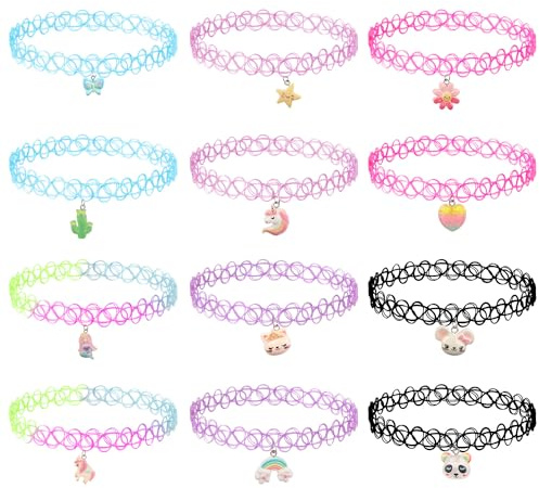 XIHIRCD 12stk Tattoo Halsband, Old-School Elastisch Schlüsselbein-Halskette mit Niedlichen Anhängern Dehnbare 90er 95er Accessoires Schmuckgeschenk für Frauen Mädchen Teenager (Bunt)