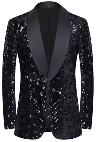 Pyiujtr Men's Sequins Velvet Shawl Collar Stage Party Prom Wedding Dinner Suit Jacket Blazer Black