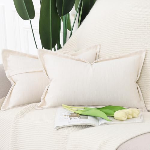 Madizz Juego de 2 Suave Lino poliéster Decorativo Funda de cojíns con Borde Ancho Lujo Estilo Fundas de Almohada para el sofá Dormitorio Marfil Rectangular 40 x 60 cm