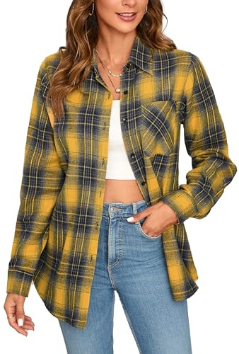 Stamain Chemise Carreaux Femme Décontractée Chemise Flanelle Jaune Chemises Bucheron Western Manches Longues Blouses Boutonnée S