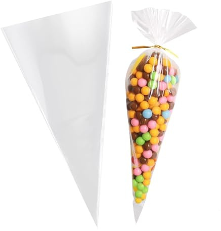 100pcs Sweet Cones Bags and Ties, Sweet Bags, Triangle Clear Cellophane Bags with 100pcs Colorful Ties for Cookie, Candy, Baking, Party Christmas and Festivals Wrapping