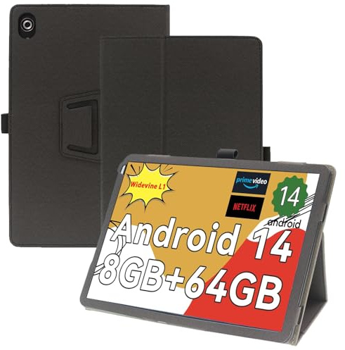 Haofun Hülle Kompatibel mit HotLight HOTC101/HiGrace C107 Tablet 10 Zoll, Schlanke und leichte Flip Case Klappbar, Rückseite Abdeckung Klappständer, Schlanke Schutzhülle mit Handschlaufe, Schwarz