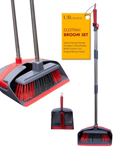 UR CHOICE Long Handled Dustpan and Brush Set, Upright Broom with Tall Dustpan for Indoor and Outdoor Use, Soft Bristle Sweeping Brush with Clip On Storage, Space Saving Cleaning Set, Red Grey