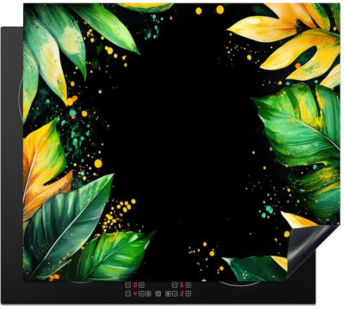 KitchenYeah© Herdabdeckplatte Einteilig Abdeckplatten Cerankochfeld | 60x52 cm - Abdeckung Ceranfeld Herdplattenabdeckung Induktionsmatte Blätter - Grün - Gelb - Farbe - Dschungel