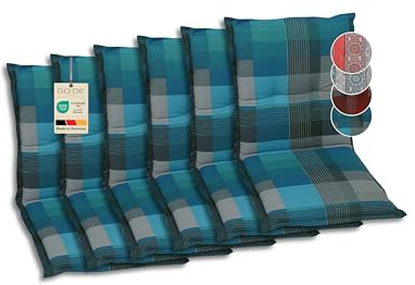GO-DE Textil Bequeme und attraktive Polsterauflagen für Niederlehner-Gartenstühle (6er-Set, Karo Petrol, Niederlehner)