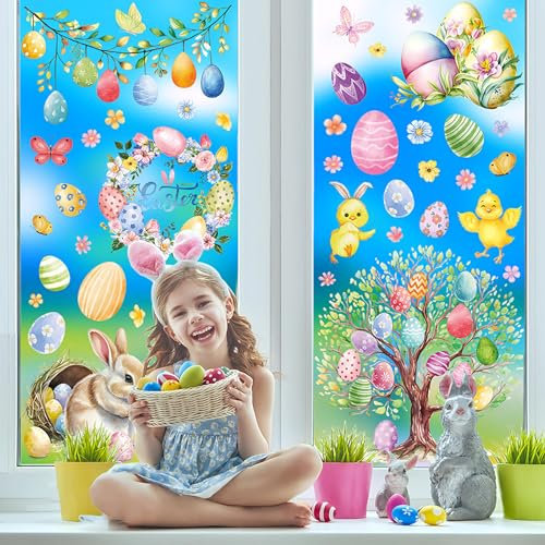 GOZINA 9 Blätter Fensterbilder Ostern Selbstklebend, Beidseitiger Druck Fenstersticker, Frühlingsdeko Osterdeko, Wiederverwendbar Hasen Blumen Ostereier Statischer Aufkleber für Ostern