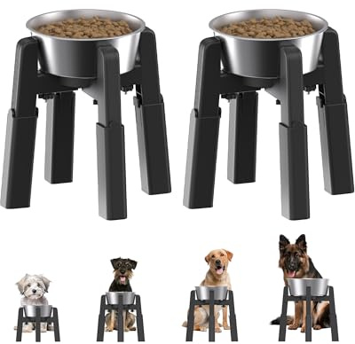 JUNSPOW Lot de 2 Supports de gamelles surélevées pour Chien avec gamelles en Acier Inoxydable, 4 hauteurs réglables, pour Grands Chiens, Station d'alimentation surélevée Stable et antidérapante