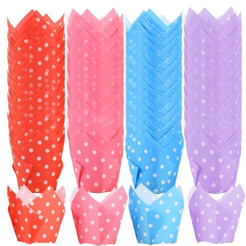 Muffin Cases for Baking, 200 Pcs Round Dot Tulip Muffin Cases(4 Colour) | Cake Case Tulip Cupcake Cases Cup Cake Cases Mini Muffin Cases for Wedding Party and Special Occasions