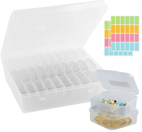 SacJkt Aufbewahrungsbox, 30-teilige Aufbewahrungsbox klein mit Deckel und Aufklebern, Organizer Box für Perlen, Schmuck, Bastelprojekte, Haaraccessoires, Nähzubehör (Transparent)