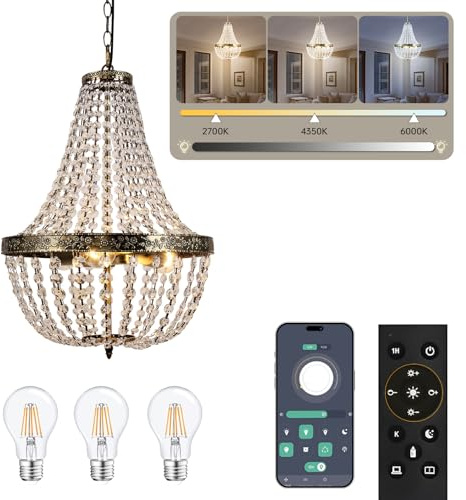 FIRVRE Kronleuchter Kristall mit Fernbedienung, Pendelleuchte Dimmbar Hoehenverstellbar mit 3 LED Glühbirne, Hängelampe Wohnzimmer Vintage für Schlafzimmer Küche Esszimmer