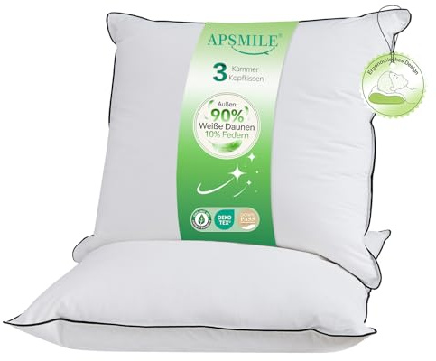 APSMILE Premium Daunenkissen 80x80 (2 Stück) | 90% Weiße Daunen Außen | Federmischung Innen | Kopfkissen Ergonomisches Design für höchsten Komfort | Weicher Bio-Baumwollbezug | je 1420g Füllgewicht