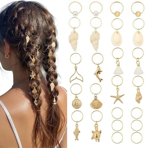 Zosutetoxo 24stück Muschel Haarschmuck Set: Gold Haar Accessoires mit Sternen und Perlen, Meeresthema Haarringe für Zöpfe und Dreadlocks als Sommer Strand Dekoration