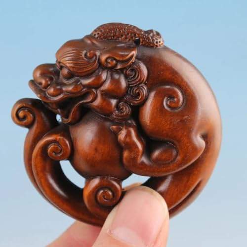 FENNYYAR Estatua china de Kirin hecha a mano de boj antiguo, 6 cm, estatua de bendición de pieza de mano