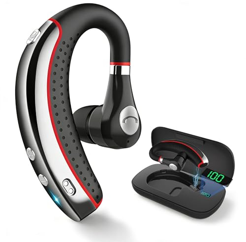 Bypeanis Bluetooth Headset, V5.3 Wireless Bluetooth Earpiece with 500mAh Charging Case for Hands-Free Ultralight Headphones with Microphone for iOS Android for/Business/Office/Trucker (Red)