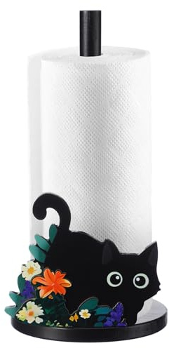 Novabright Black Cat Paper Towel Holder Cute Cat Flower Kitchen Decorative Accessories Spring Wooden Tissue Roll Holder Stand for Kitchen Countertop Bathroom Home Farmhouse Decor Cats Lovers Gift